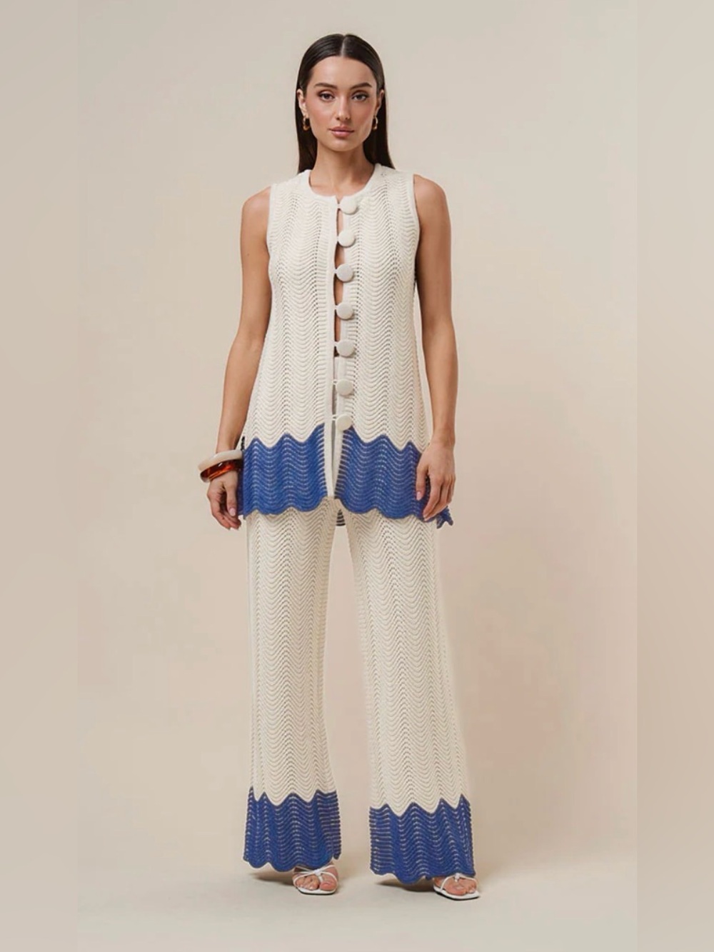 488. Marina Colorblock Knit Two piece Set in cream and blue - Picture 3 of 4